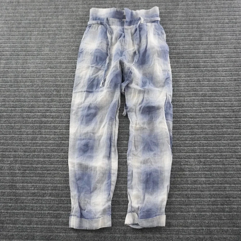 Reformation Tapered Pants Womens 27 Blue Plaid High Rise Linen Tie Waist